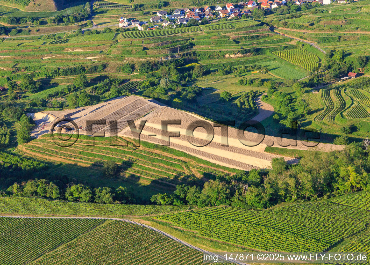 Construction site for the re-leveling of the terraced vineyard in the district Bickensohl in Vogtsburg im Kaiserstuhl in the state Baden-Wuerttemberg, Germany
