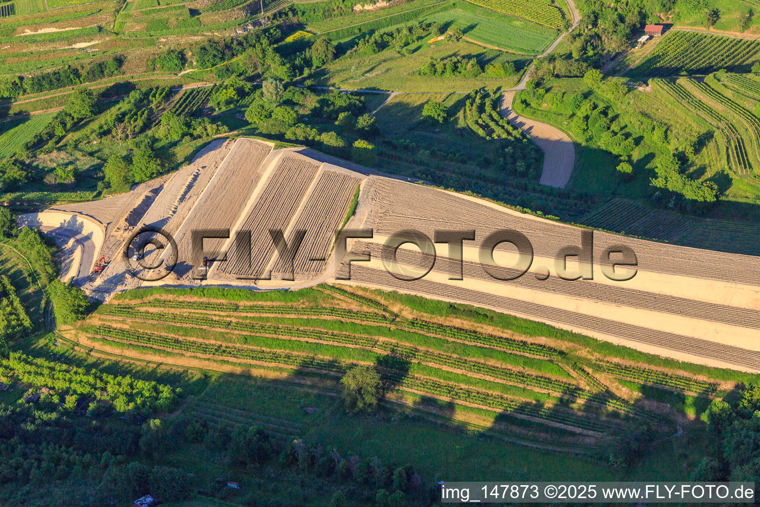 Aerial view of Construction site for the re-leveling of the terraced vineyard in the district Bickensohl in Vogtsburg im Kaiserstuhl in the state Baden-Wuerttemberg, Germany