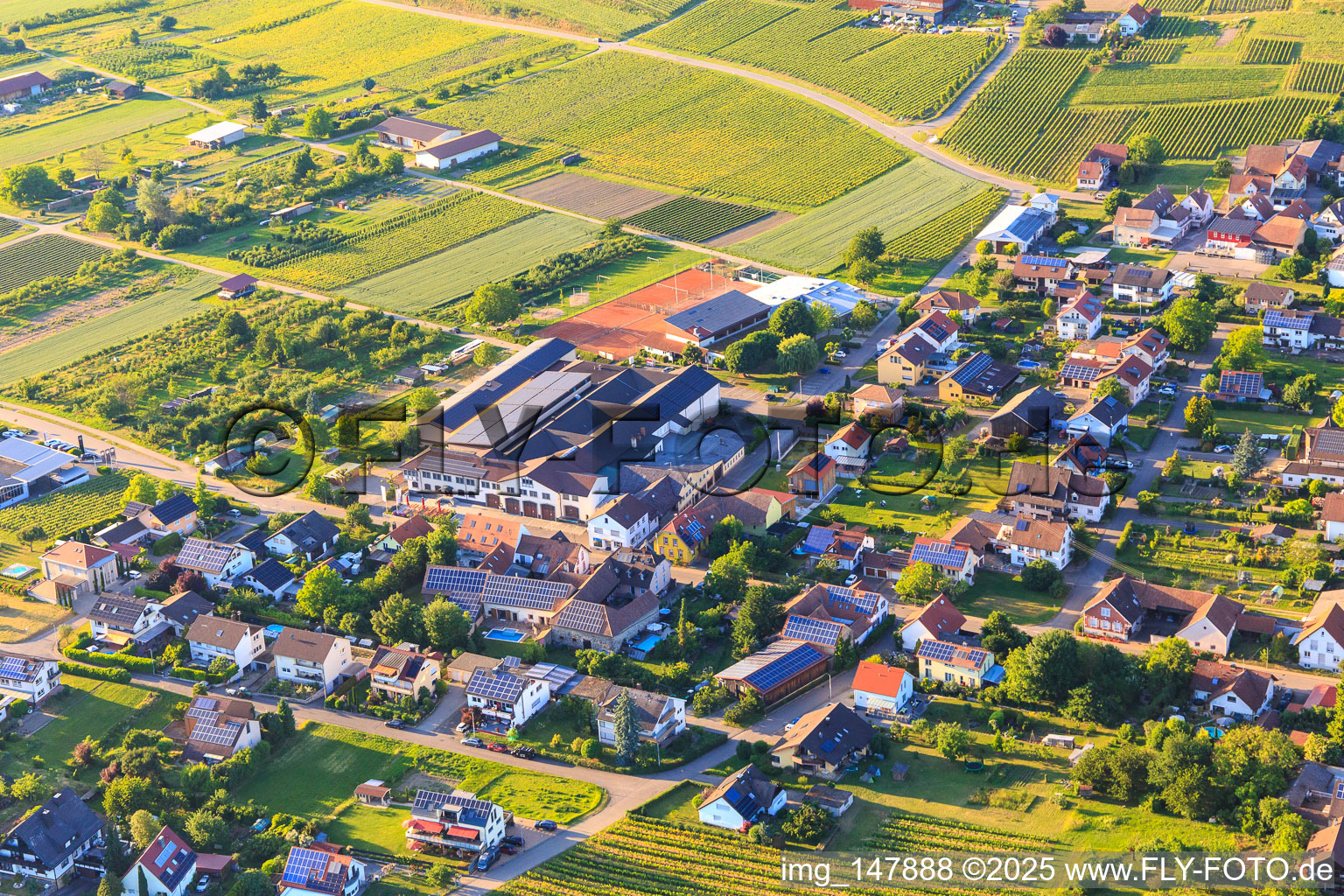 Bischoffinger Winzer eG winery at the tennis court and festival hall Bischoffingen in the district Bischoffingen in Vogtsburg im Kaiserstuhl in the state Baden-Wuerttemberg, Germany