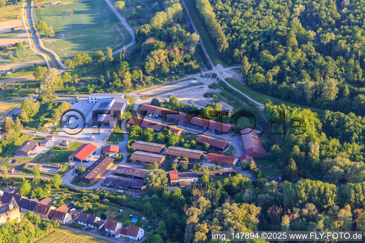 Plonweg industrial estate with MST-Landtechnik, Karl Schies GmbH and Roger Bühner motorcycle dealership in the district Burkheim in Vogtsburg im Kaiserstuhl in the state Baden-Wuerttemberg, Germany