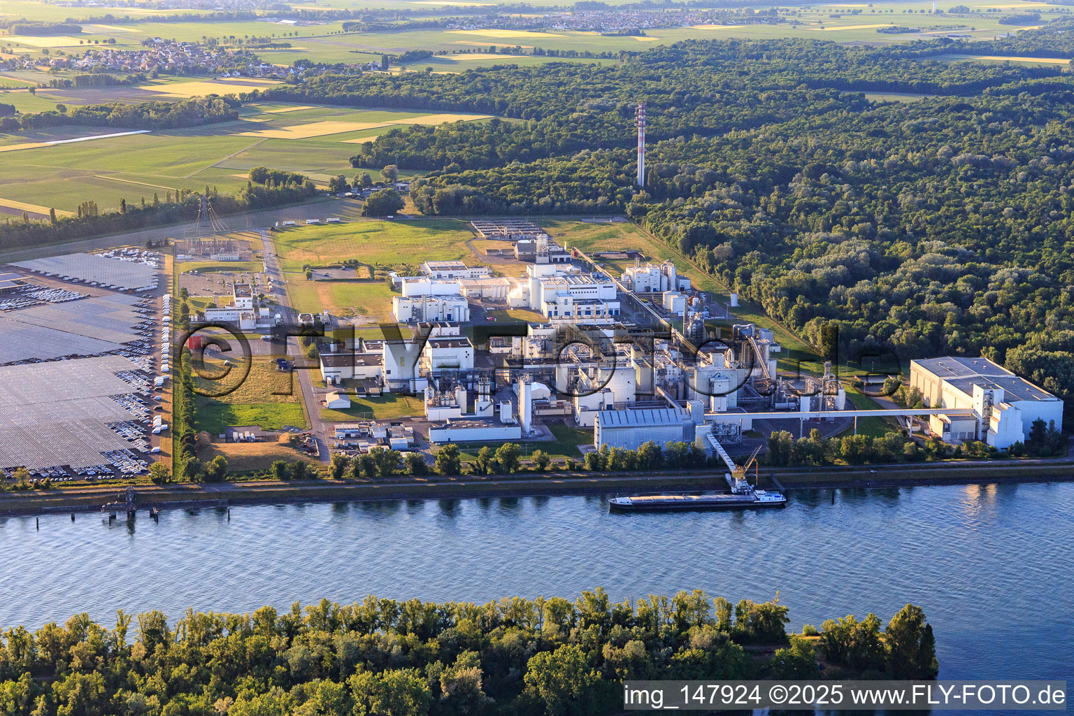 Aerial view of Industrial and Port Zone with industrial facilities on the Rhine belonging to Jungbunzlauer SA and TEREOS Starch & Sweeteners Europe in Marckolsheim in the state Bas-Rhin, France