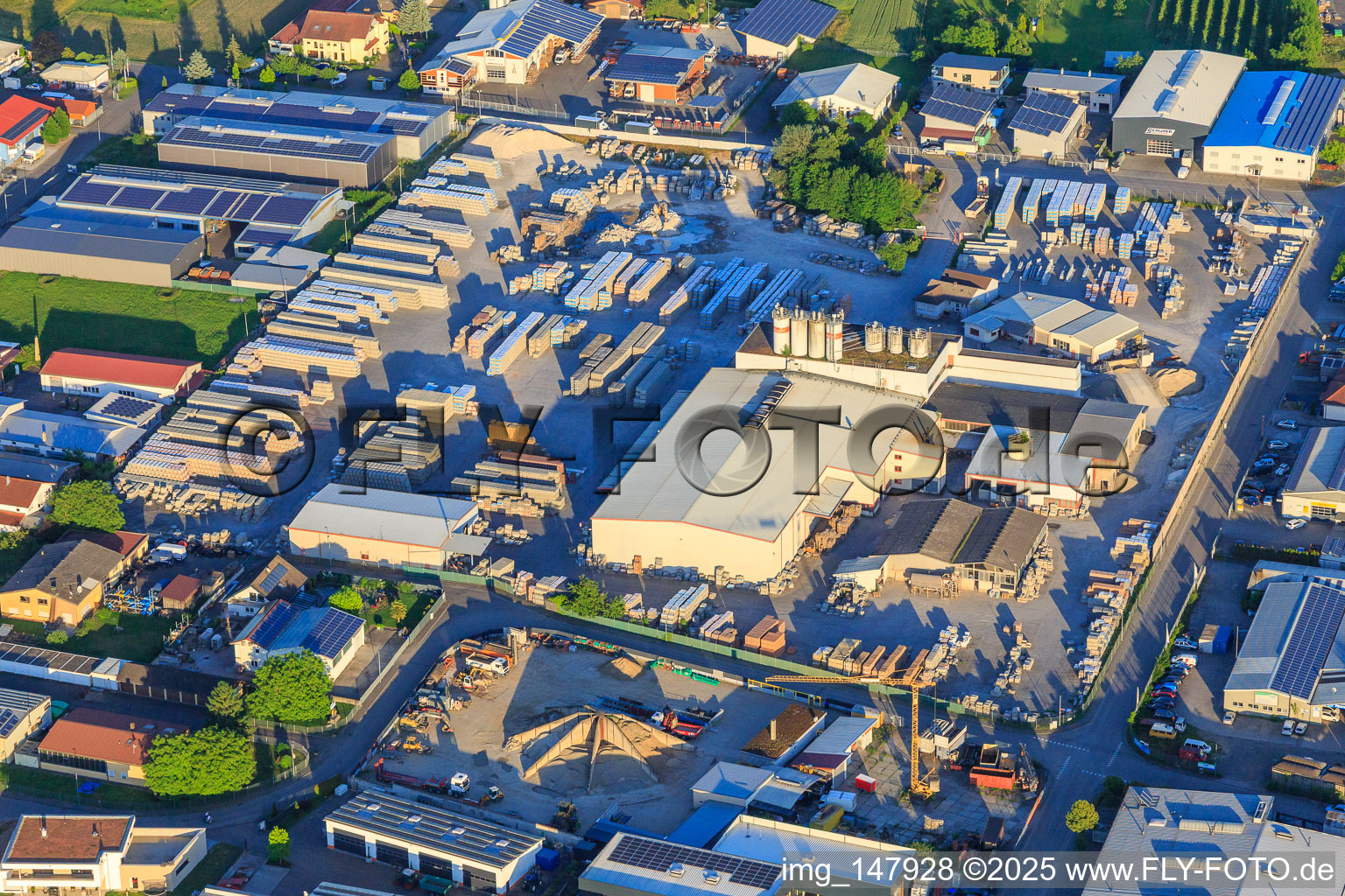 Tullastraße industrial area with Lithonplus GmbH & Co. KG in Wyhl am Kaiserstuhl in the state Baden-Wuerttemberg, Germany