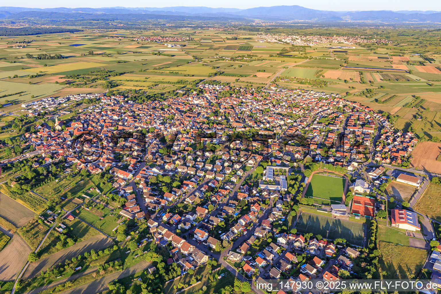 View of the town from the west in Wyhl am Kaiserstuhl in the state Baden-Wuerttemberg, Germany