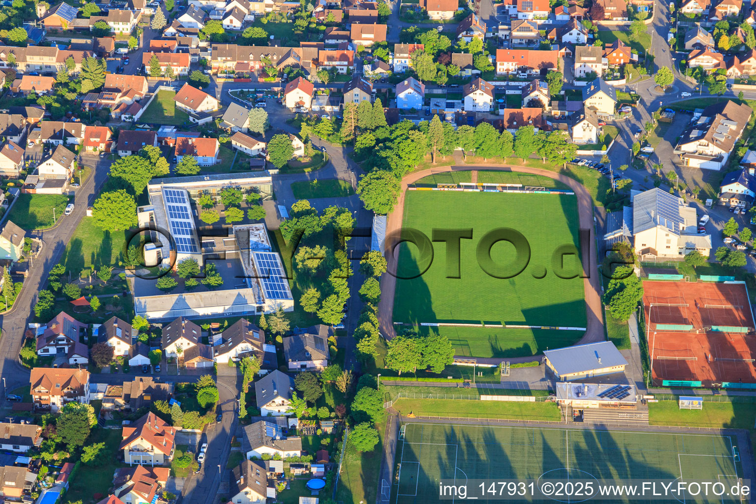Sports field of SC Wyhl at the Werkrealschule Nördlicher Kaiserstuhl in Wyhl am Kaiserstuhl in the state Baden-Wuerttemberg, Germany