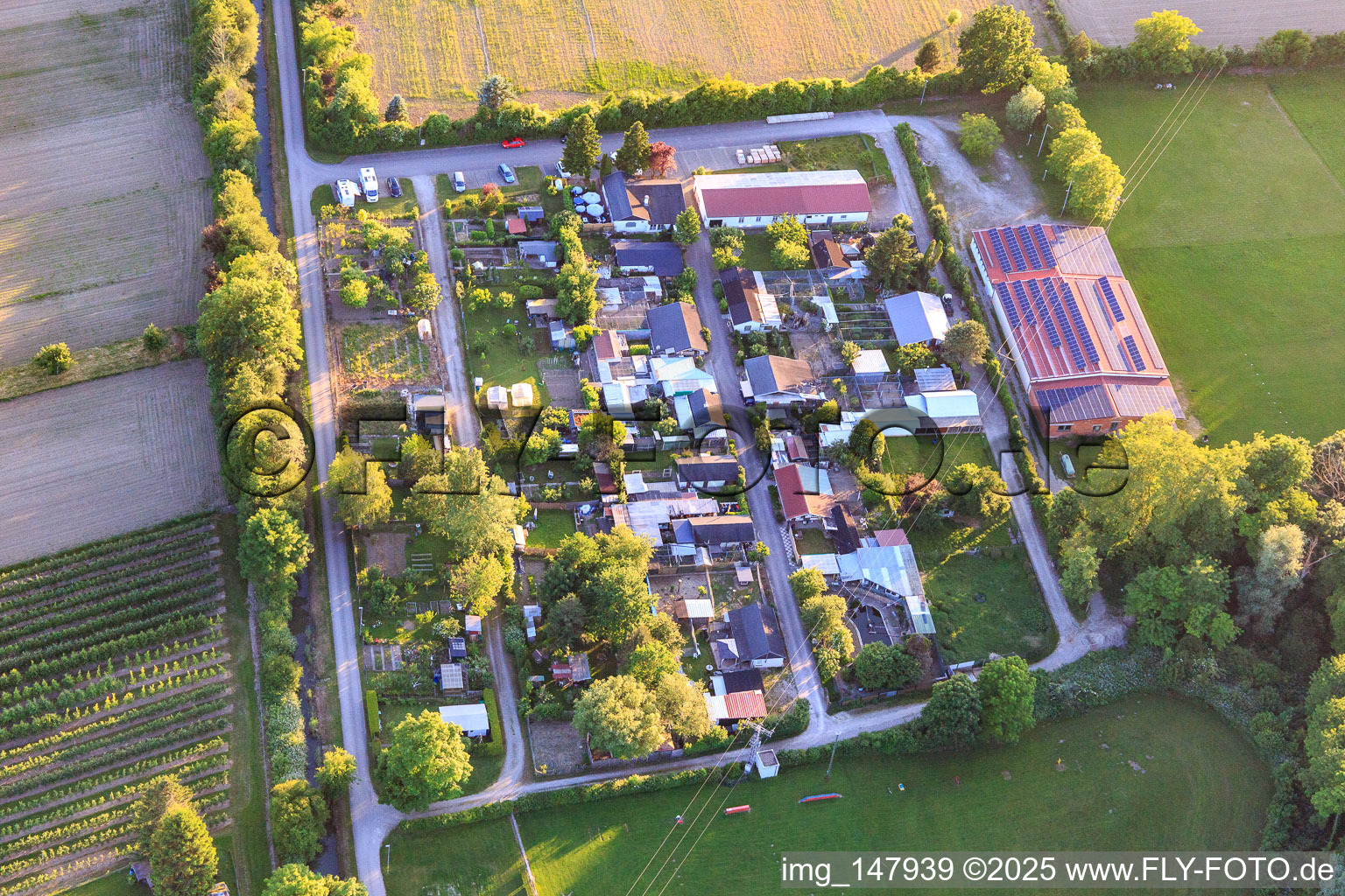 Aerial view of Club grounds of the Archery Friends Wyhl eV, Small Animal Breeding Club Wyhl and Dog Lovers Club in Wyhl am Kaiserstuhl in the state Baden-Wuerttemberg, Germany