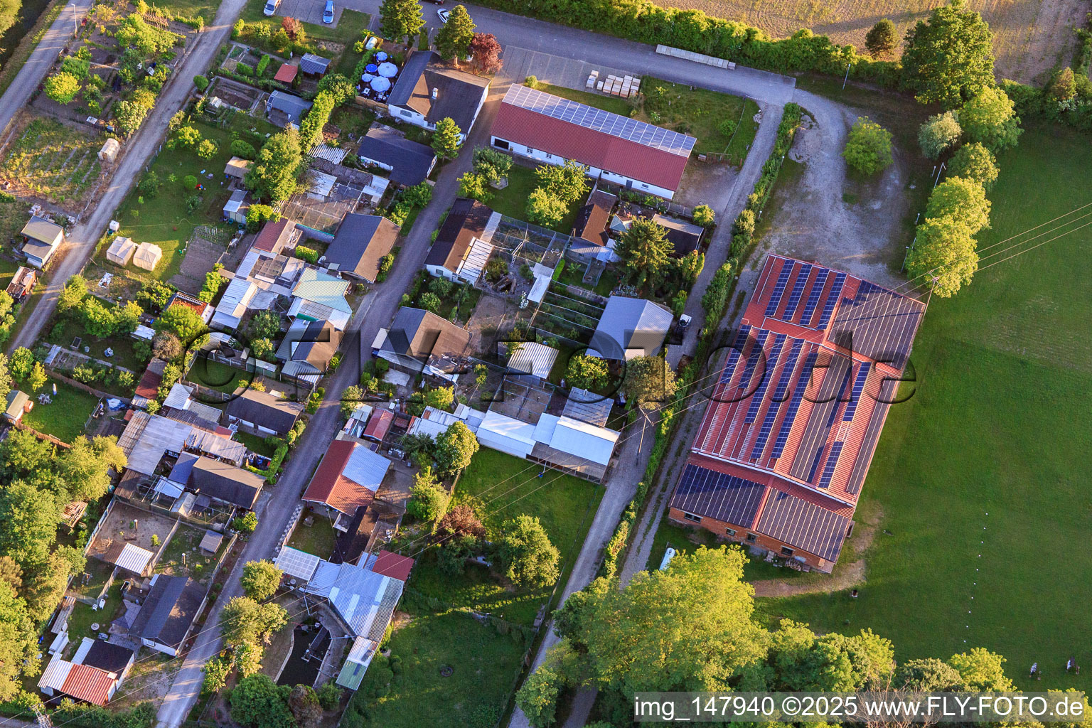 Aerial photograpy of Club grounds of the Archery Friends Wyhl eV, Small Animal Breeding Club Wyhl and Dog Lovers Club in Wyhl am Kaiserstuhl in the state Baden-Wuerttemberg, Germany