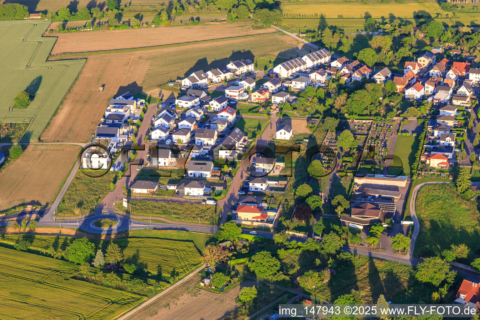 Aerial view of New development area Wellinger Straße in Wyhl am Kaiserstuhl in the state Baden-Wuerttemberg, Germany