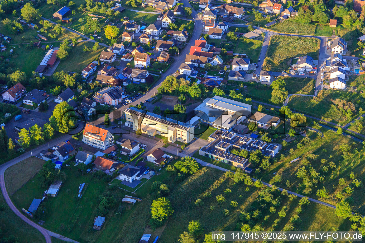 Rheinwaldhalle and municipal daycare center Blumenwiese in Weisweil in the state Baden-Wuerttemberg, Germany