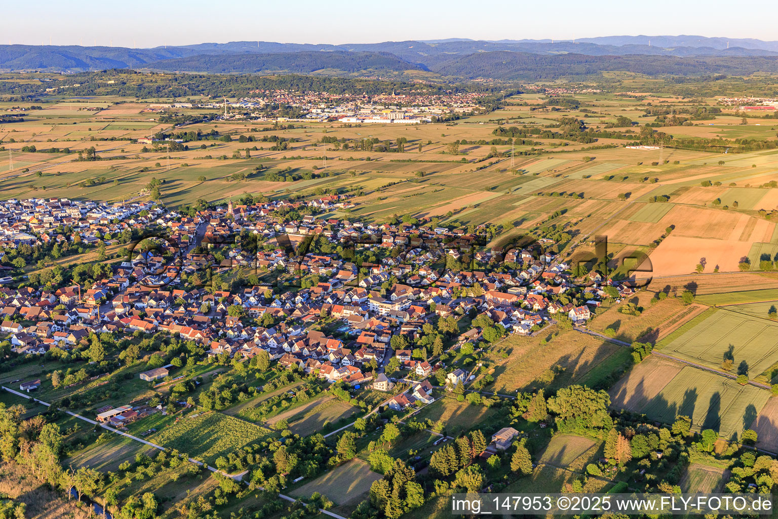 Aerial view of Overview of the town from the west in the district Oberhausen in Rheinhausen in the state Baden-Wuerttemberg, Germany