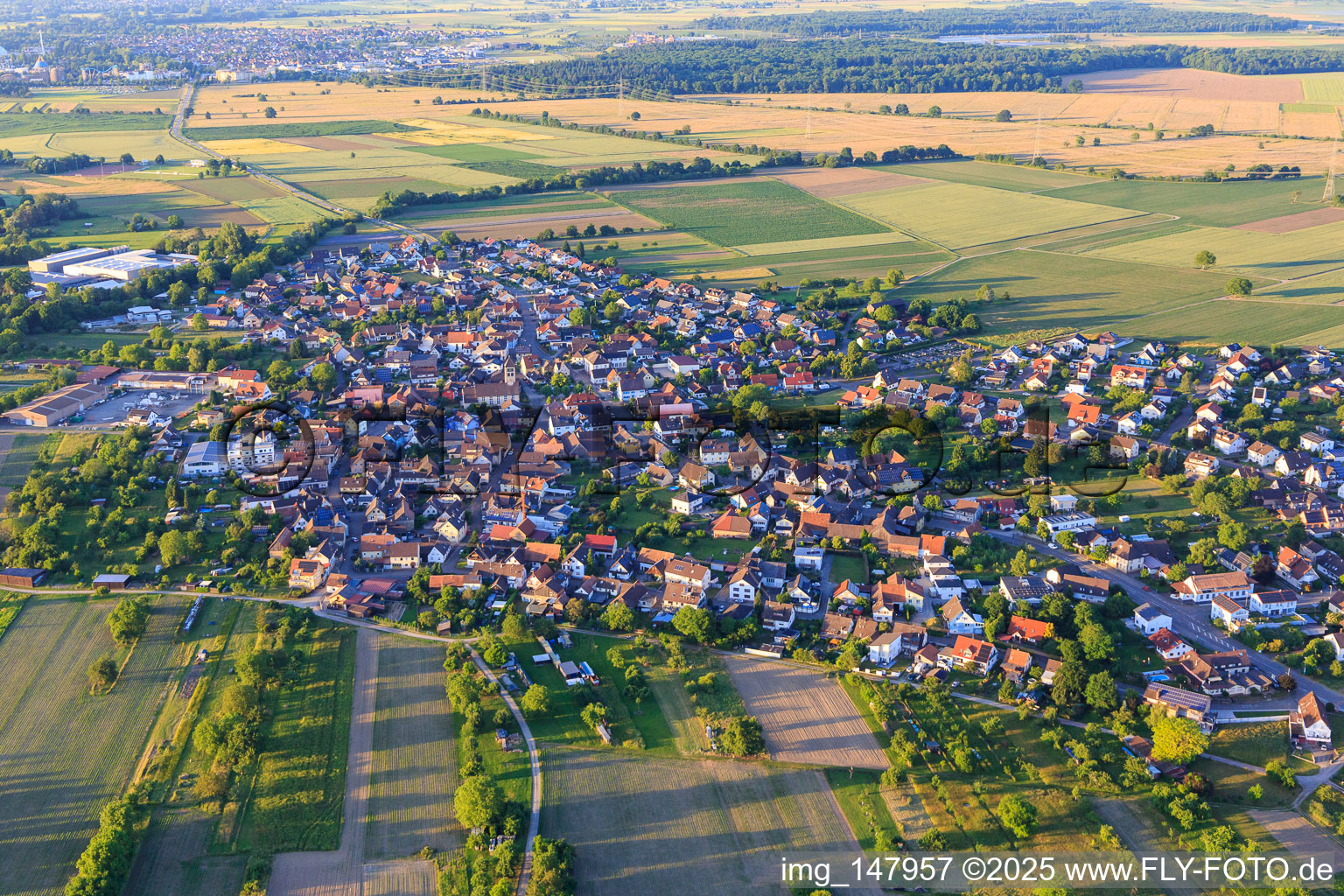 Overview of the town from the southwest in the district Niederhausen in Rheinhausen in the state Baden-Wuerttemberg, Germany