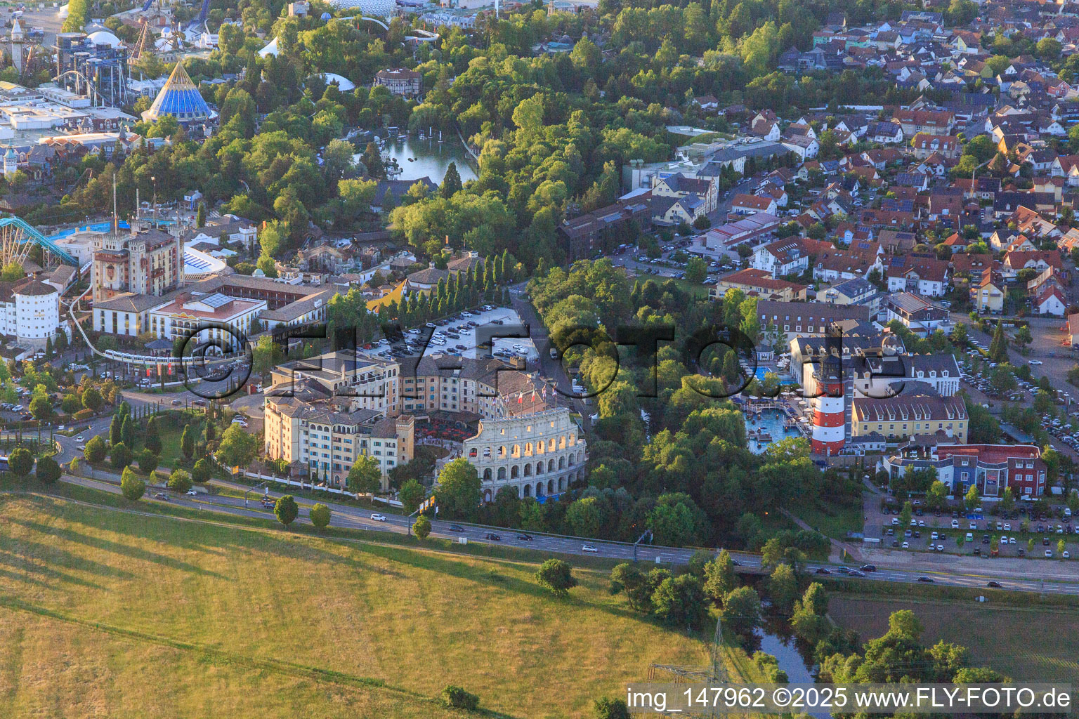 Oblique view of Adventure Hotel "Colosseo" with Wellness & Spa in Europa-Park Rust in Rust in the state Baden-Wuerttemberg, Germany