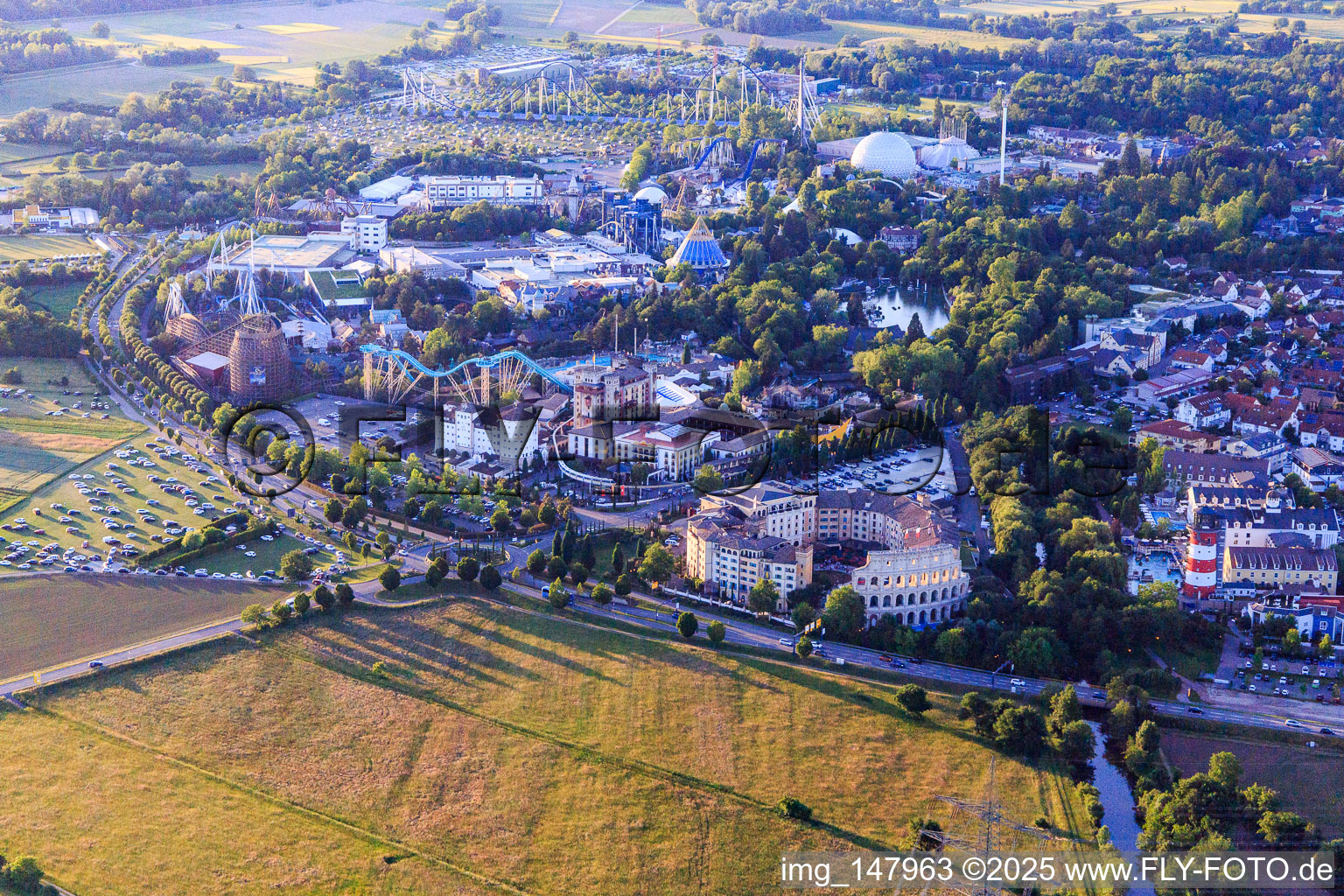 Aerial view of Whale Adventures, Atlantica SuperSplash and WODAN – Timburcoaster of Europapark Rust in Rust in the state Baden-Wuerttemberg, Germany