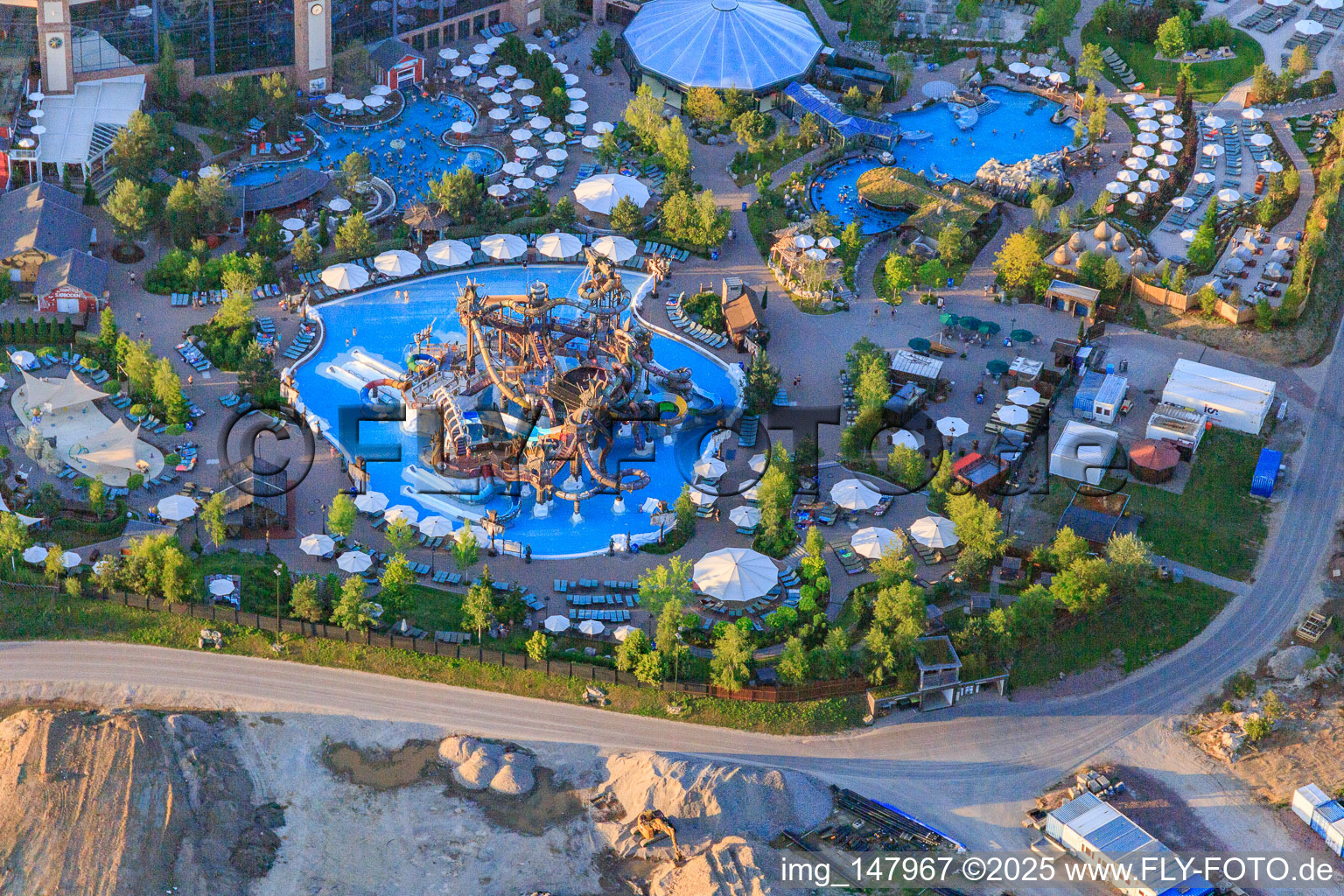 Oblique view of Svalgurok, Spiralrok - spiral slide and Slalomrok - wild slalom slide in Rulantica in Europapark Rust in Rust in the state Baden-Wuerttemberg, Germany