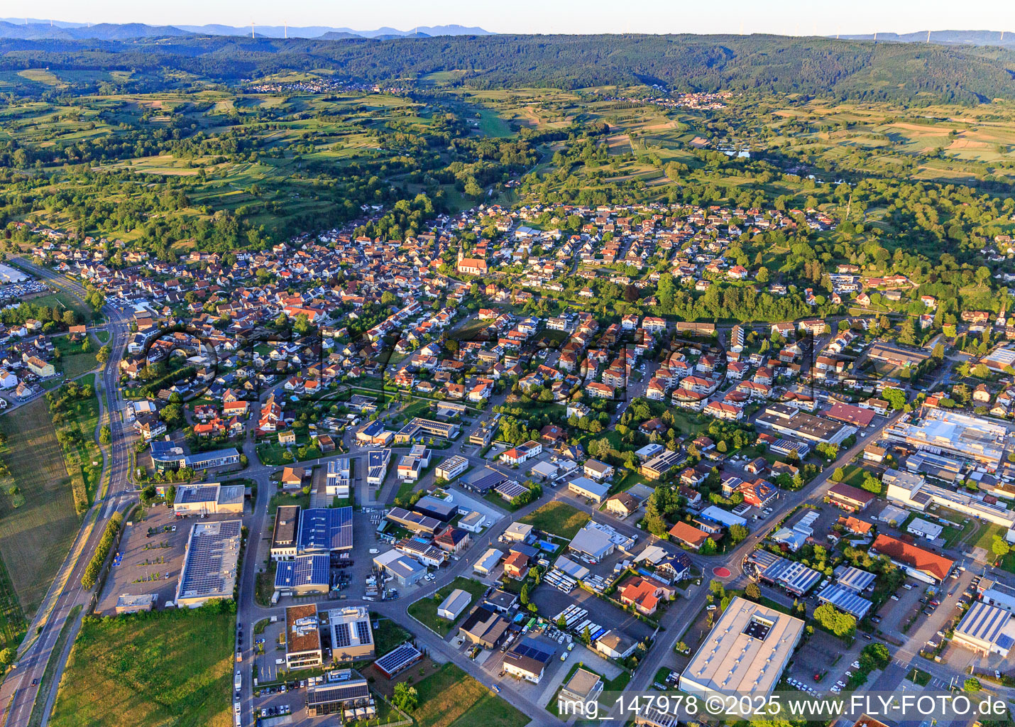 View from the southwest with DEICHMANN and Berenz IT-Service GmbH in Ettenheim in the state Baden-Wuerttemberg, Germany