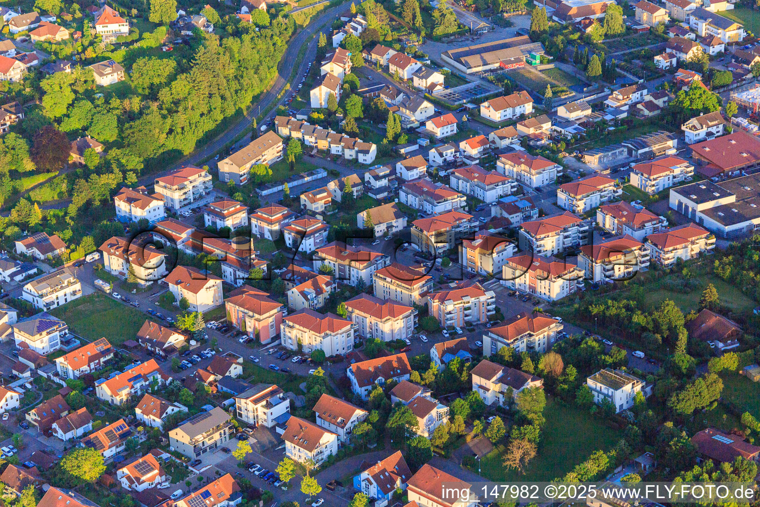 New development area Kreuzerweg from the northwest in Ettenheim in the state Baden-Wuerttemberg, Germany