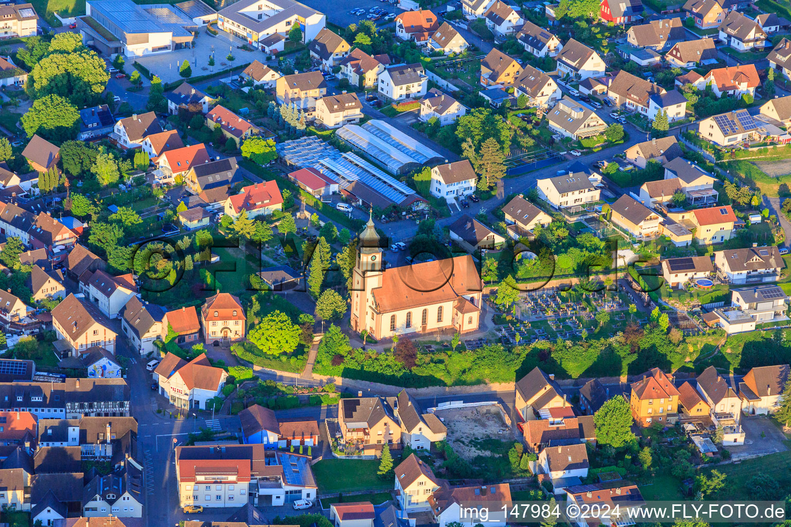 Aerial view of Church of St. Nicholas at the Cemetery in the district Altdorf in Ettenheim in the state Baden-Wuerttemberg, Germany