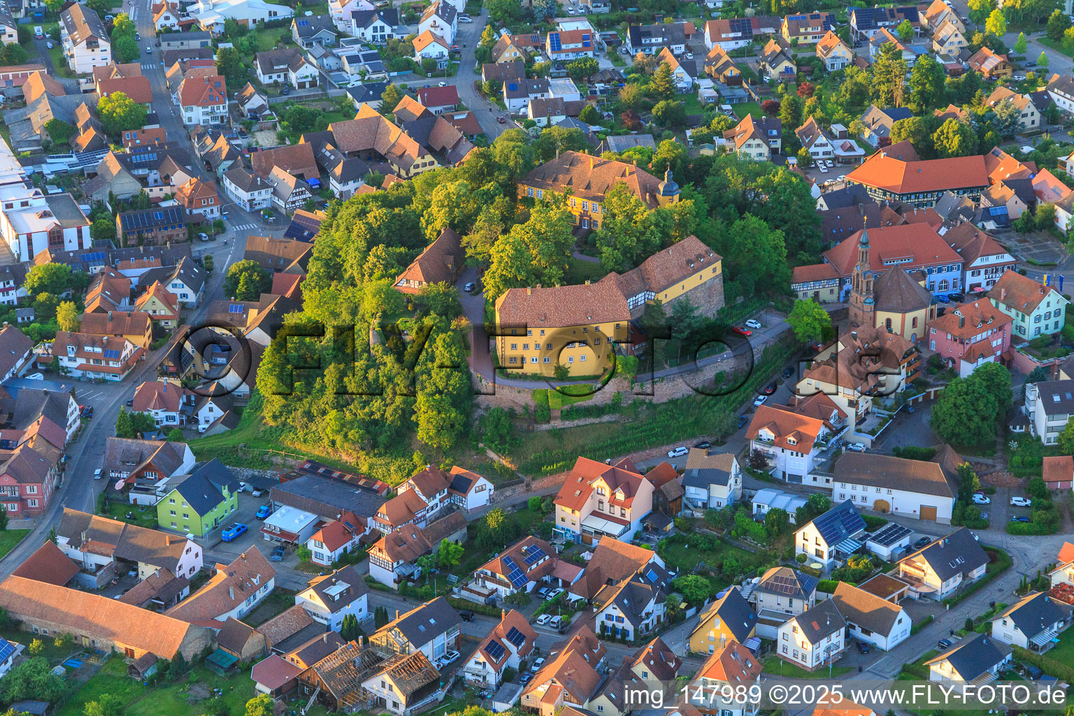 Aerial view of Castle and Castle Church Mahlberg in Mahlberg in the state Baden-Wuerttemberg, Germany