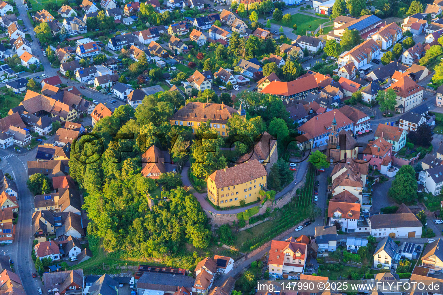 Aerial photograpy of Castle and Castle Church Mahlberg in Mahlberg in the state Baden-Wuerttemberg, Germany