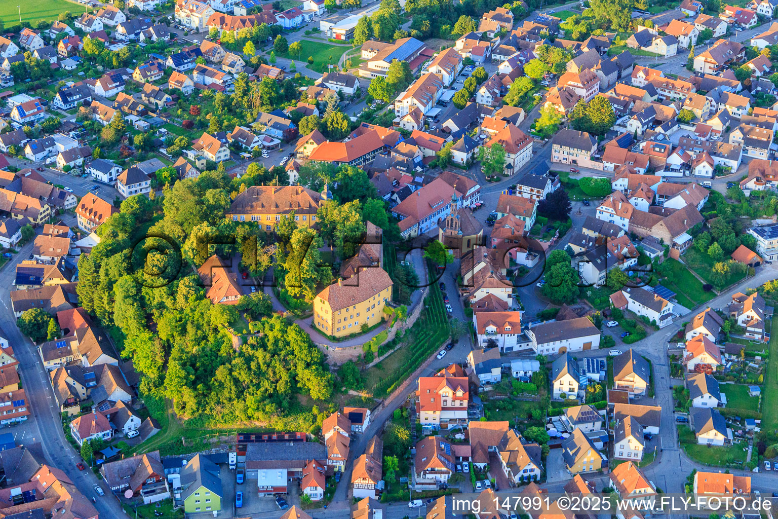 Oblique view of Castle and Castle Church Mahlberg in Mahlberg in the state Baden-Wuerttemberg, Germany