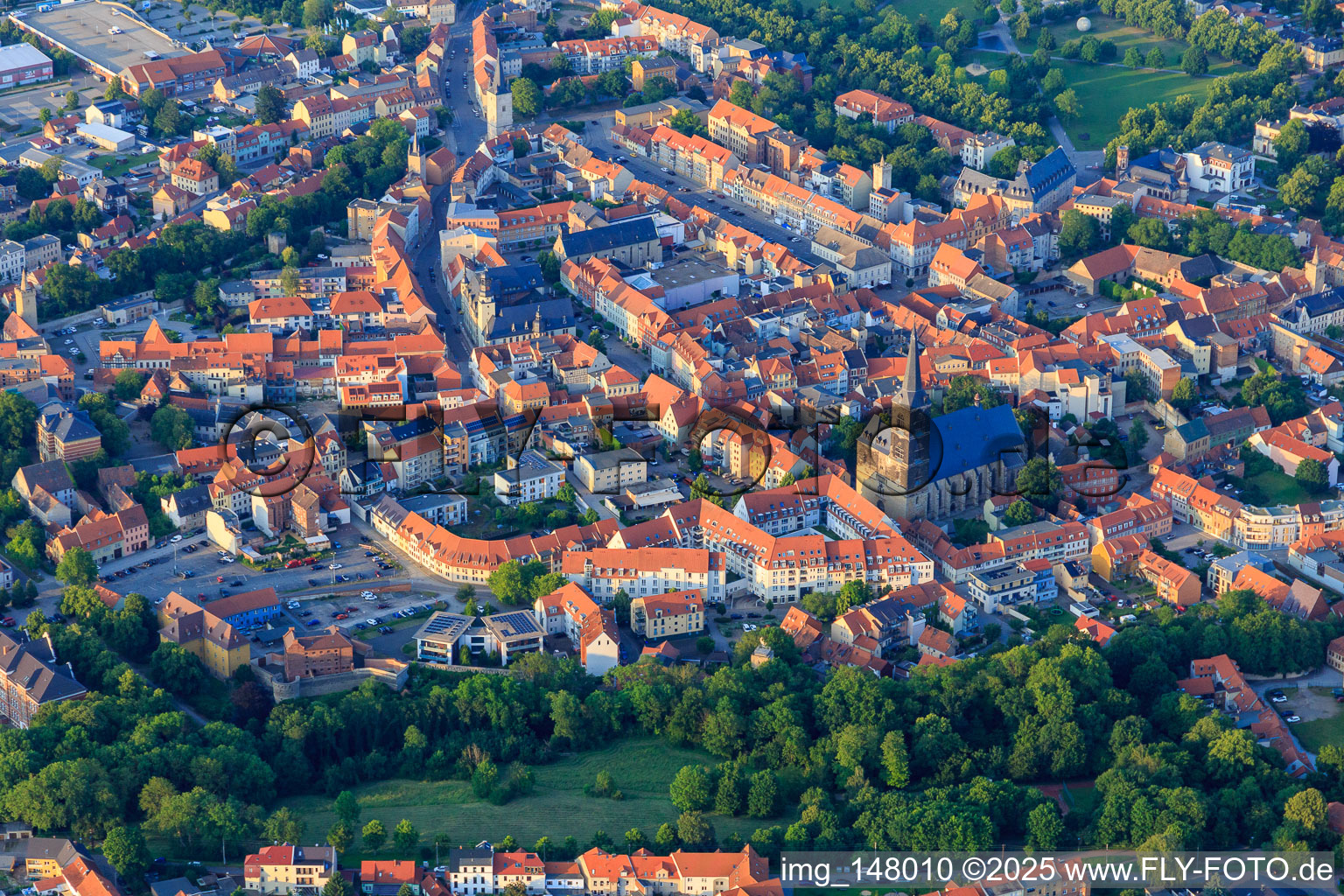 Historic old town with St. Stephani Church, market and Tie in Aschersleben in the state Saxony-Anhalt, Germany