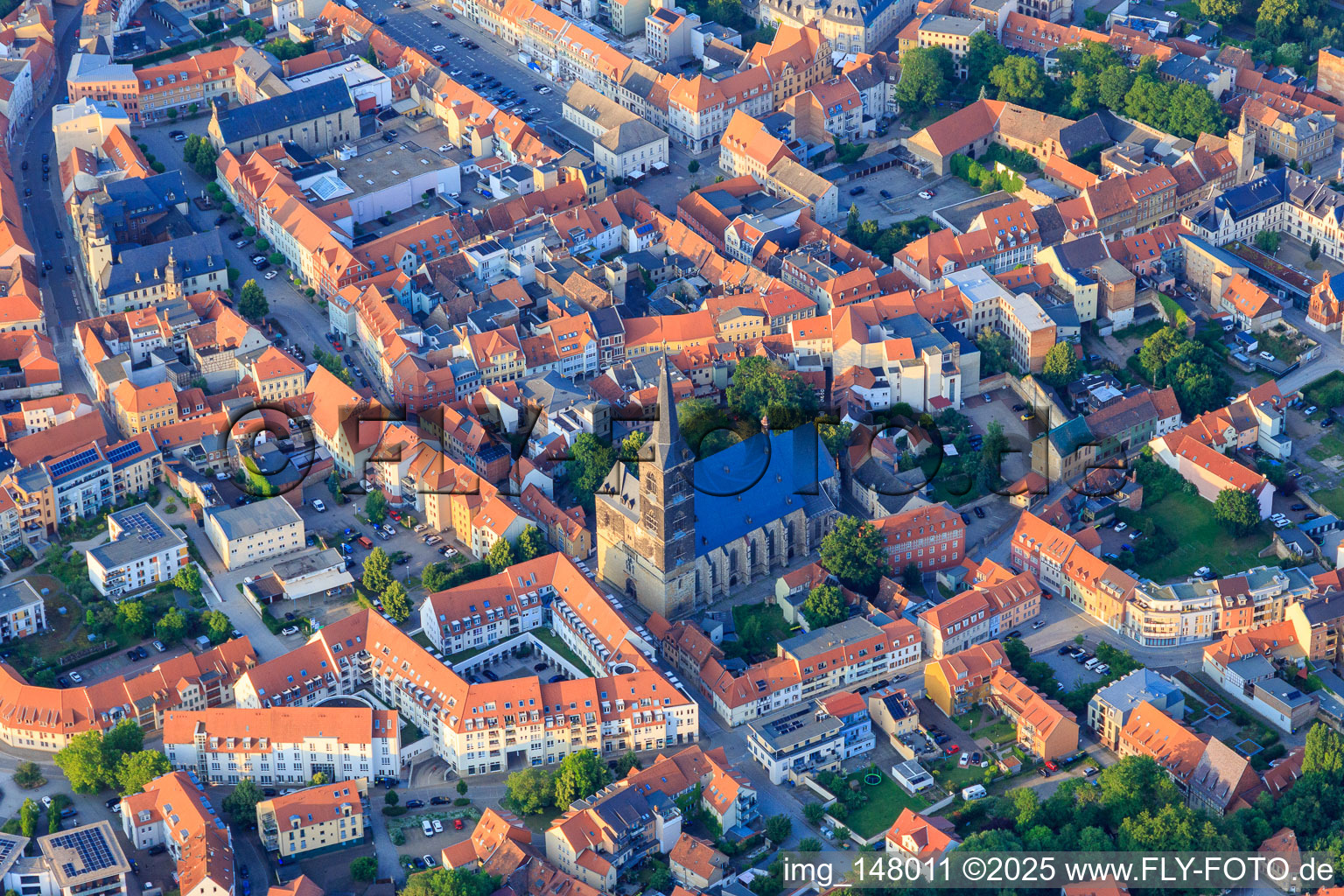 Aerial view of Historic old town with St. Stephani Church, market and Tie in Aschersleben in the state Saxony-Anhalt, Germany