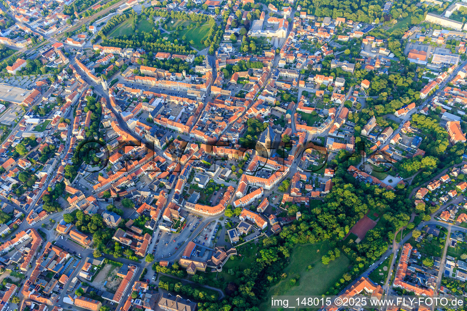 Aerial photograpy of Historic old town with St. Stephani Church, market and Tie in Aschersleben in the state Saxony-Anhalt, Germany