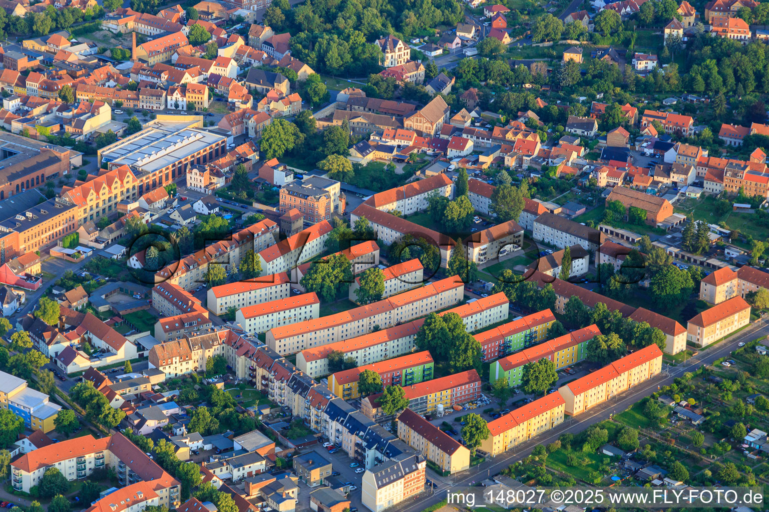 Aerial view of Prefabricated housing estate on Halberstädter Straße in Aschersleben in the state Saxony-Anhalt, Germany