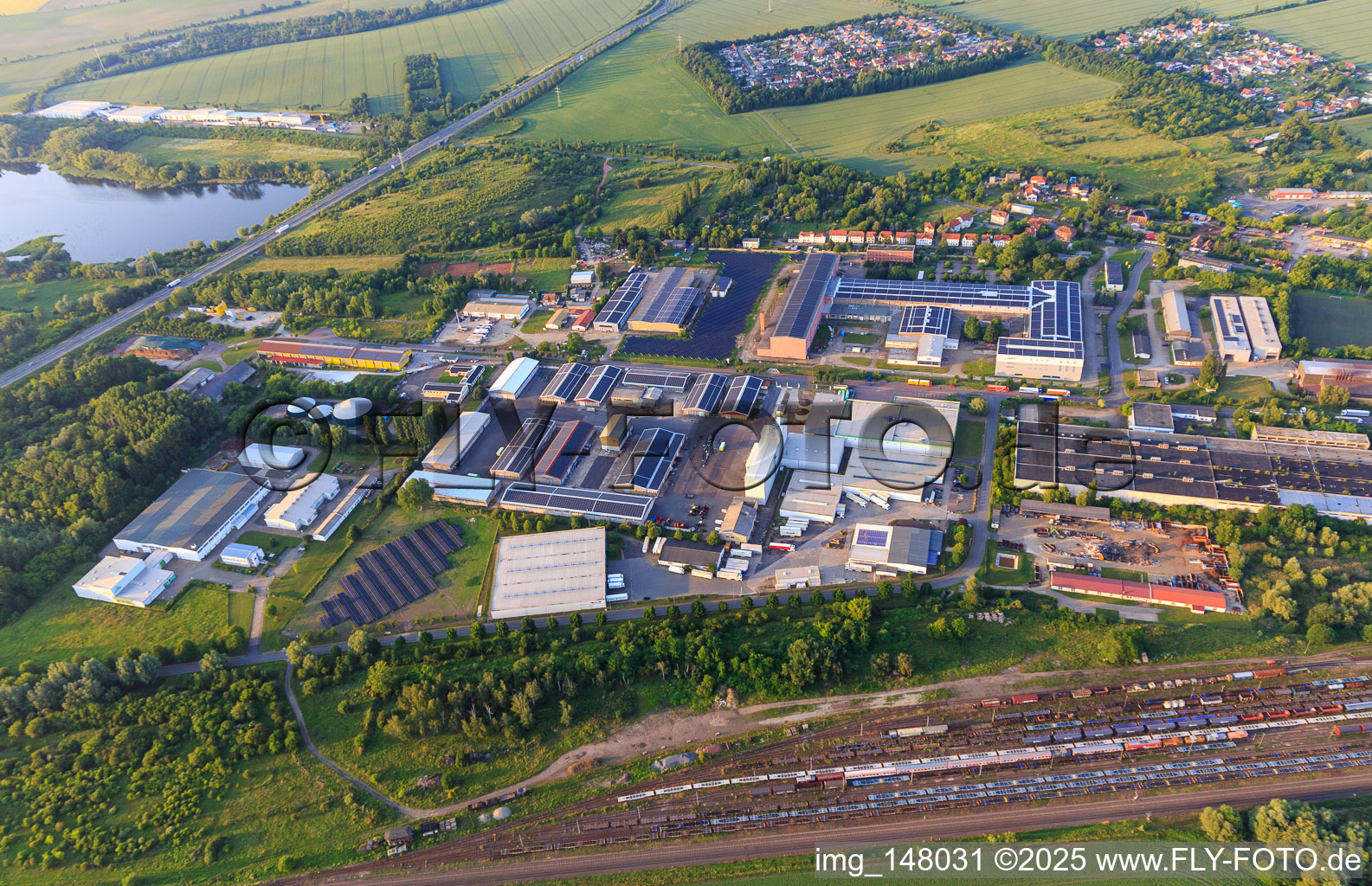 Walter-Kersten-Straße industrial estate with AGRAVIS Technik Sachsen-Anhalt/Brandenburg GmbH, SCHIESS Werkzeugmaschinenfabrik GmbH and MAWEA Majoranwerk Aschersleben GmbH in Aschersleben in the state Saxony-Anhalt, Germany