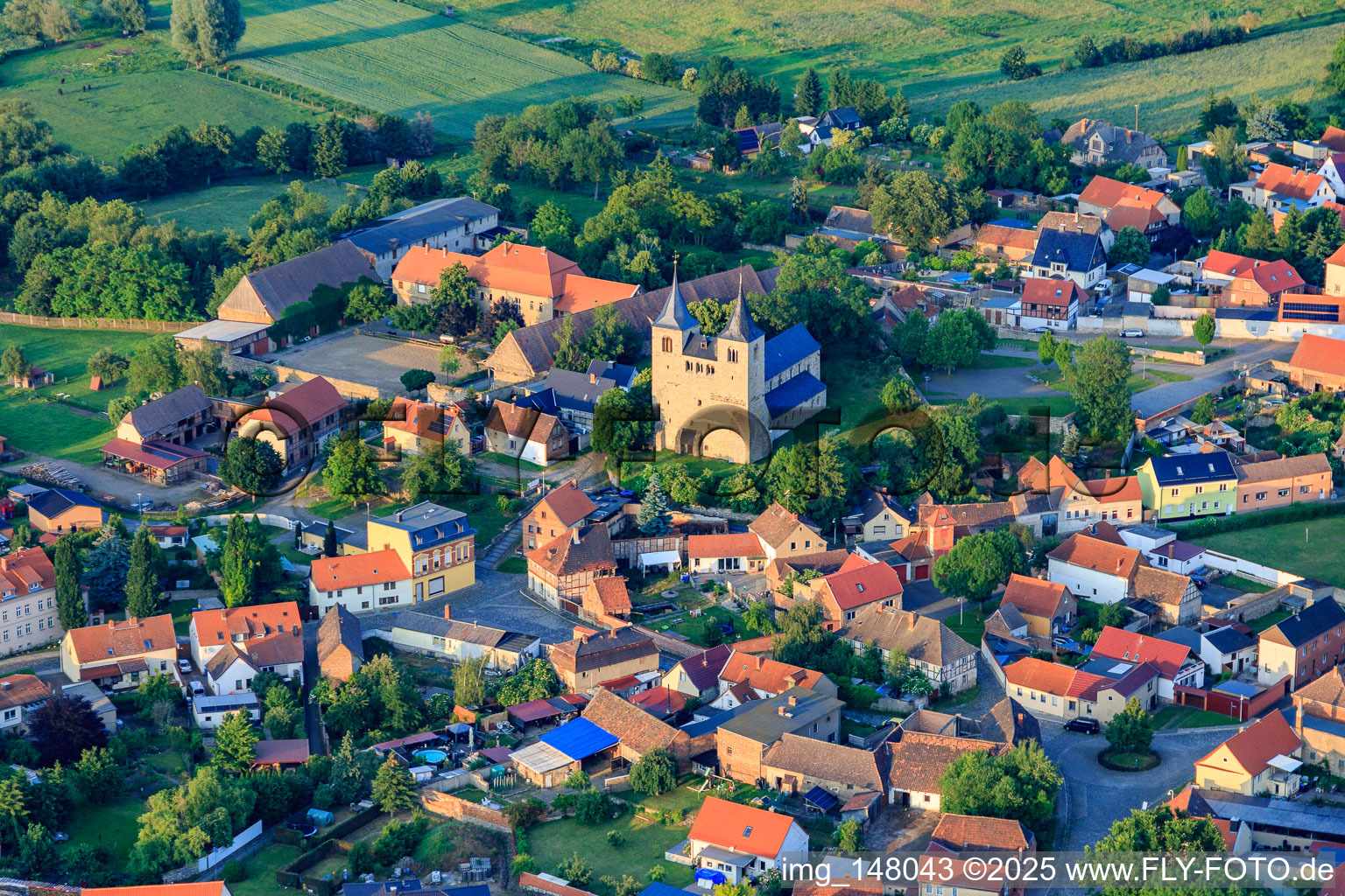 Aerial view of Church on Kirchberg in the district Frose in Seeland in the state Saxony-Anhalt, Germany