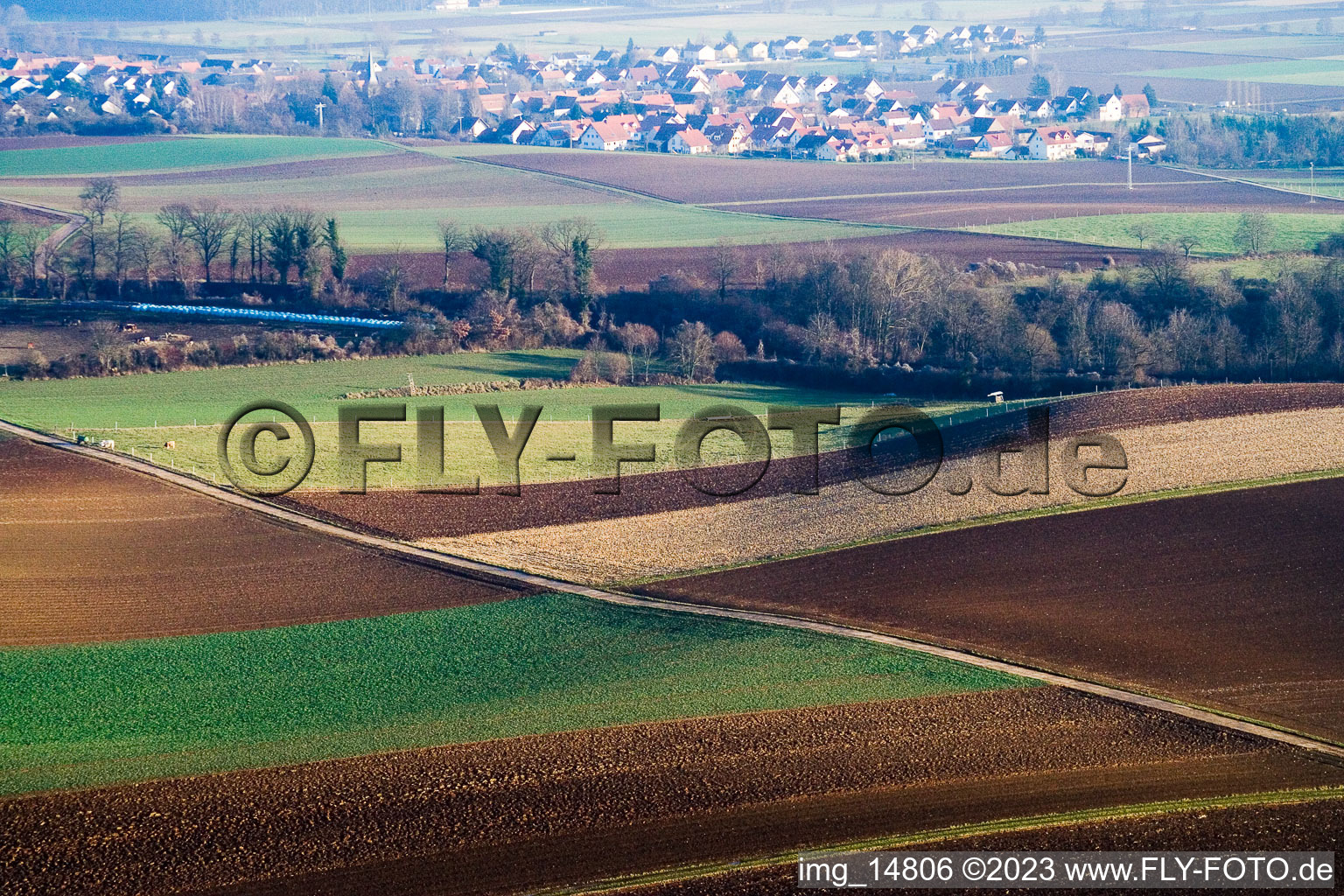 Aerial view of From the west in Freckenfeld in the state Rhineland-Palatinate, Germany