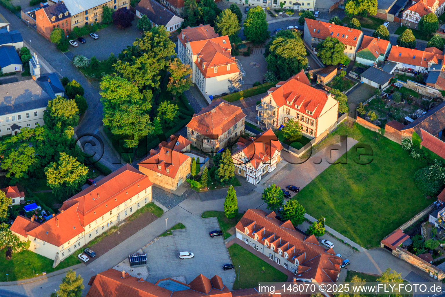 Aerial view of Domain and elementary school Prinzenhaus in the district Hoym in Seeland in the state Saxony-Anhalt, Germany