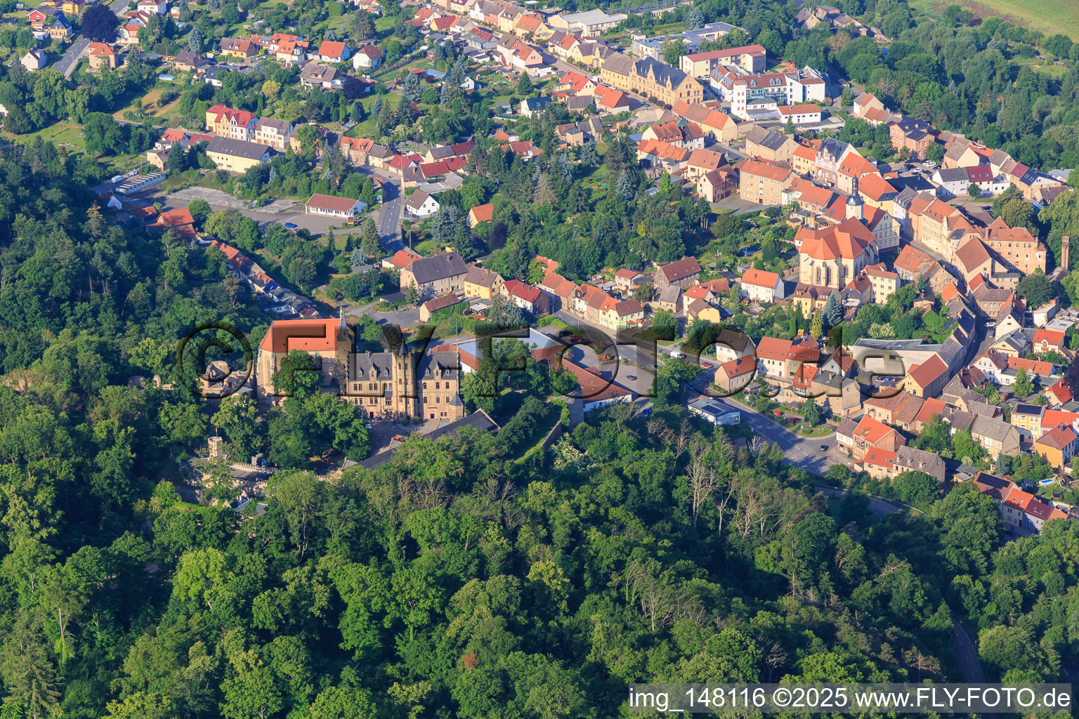 View of the town from the northeast with the town church of St. George in Mansfeld in the state Saxony-Anhalt, Germany