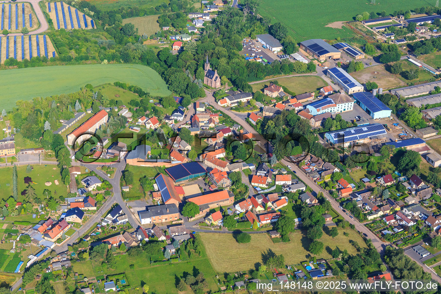 Village view from the southeast with former Vitzthumsschacht in the district Hübitz in Gerbstedt in the state Saxony-Anhalt, Germany