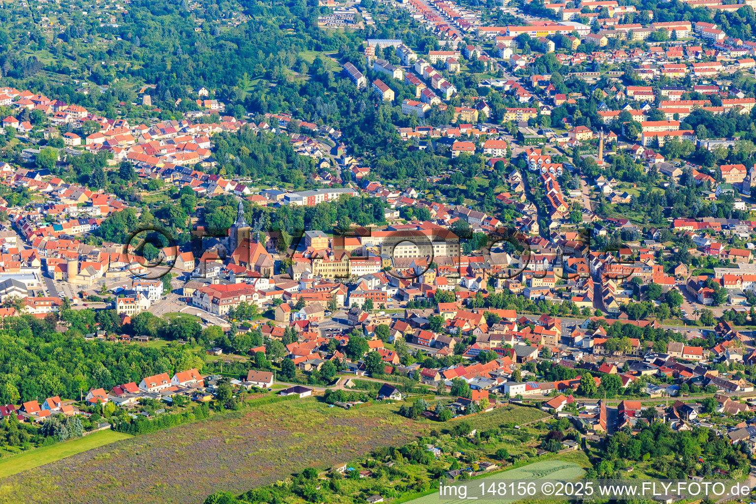 City center from the southeast in Hettstedt in the state Saxony-Anhalt, Germany
