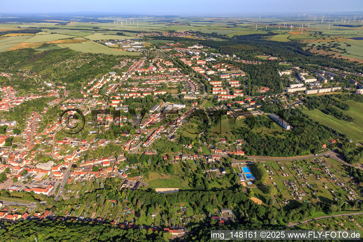 City overview from the east in Hettstedt in the state Saxony-Anhalt, Germany