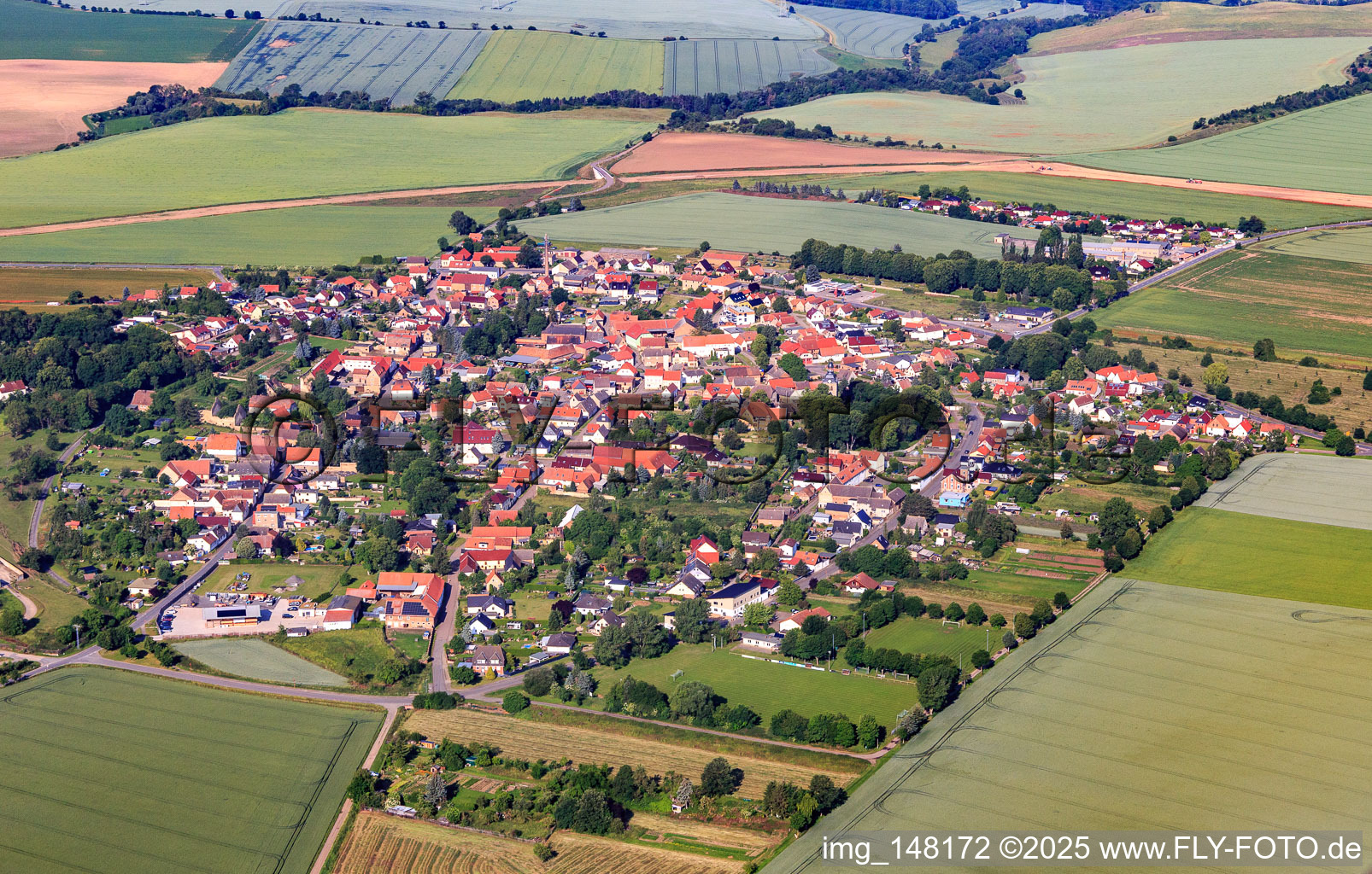 Village overview from the east in the district Quenstedt in Arnstein in the state Saxony-Anhalt, Germany