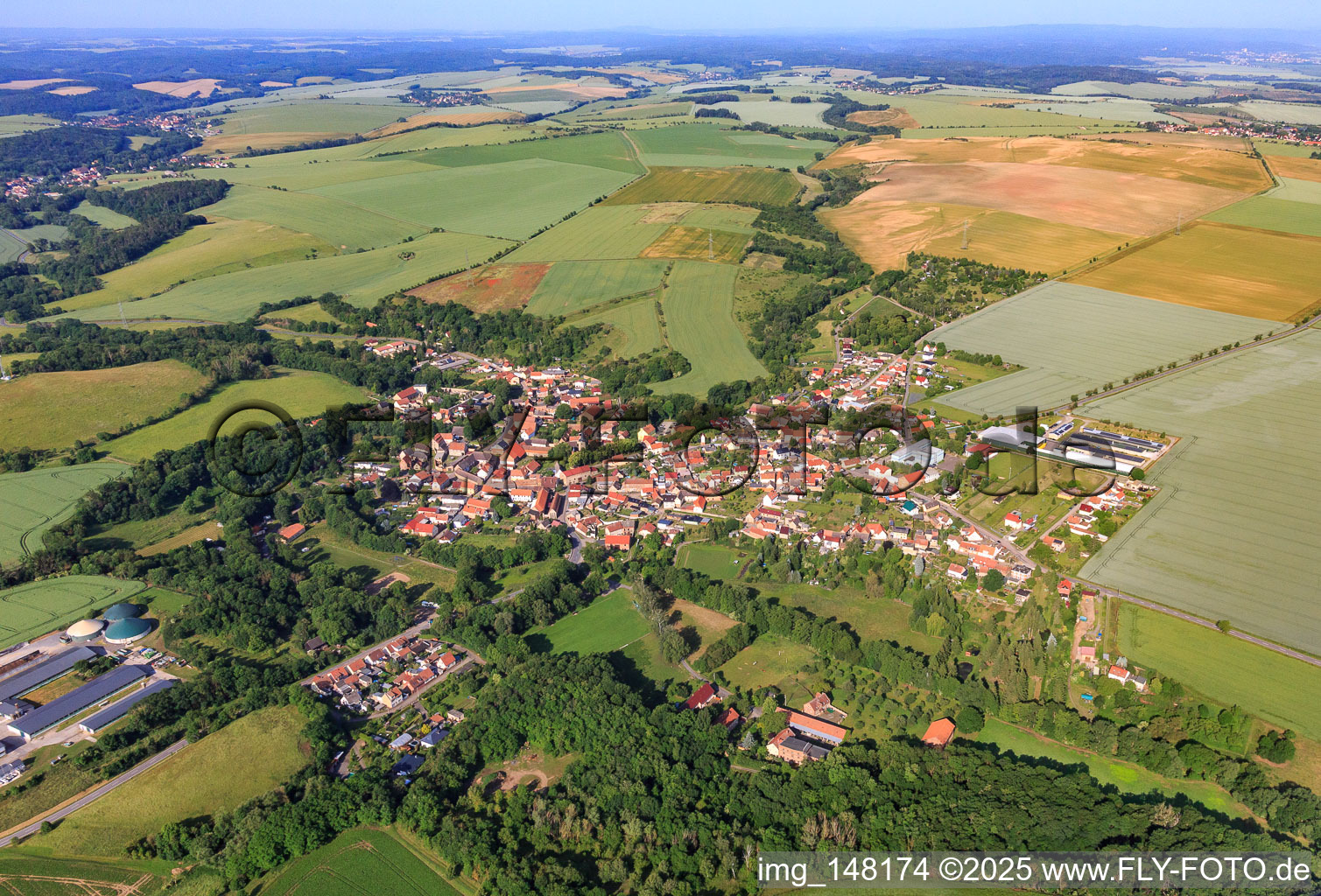 Village overview from the northeast in the district Welbsleben in Arnstein in the state Saxony-Anhalt, Germany