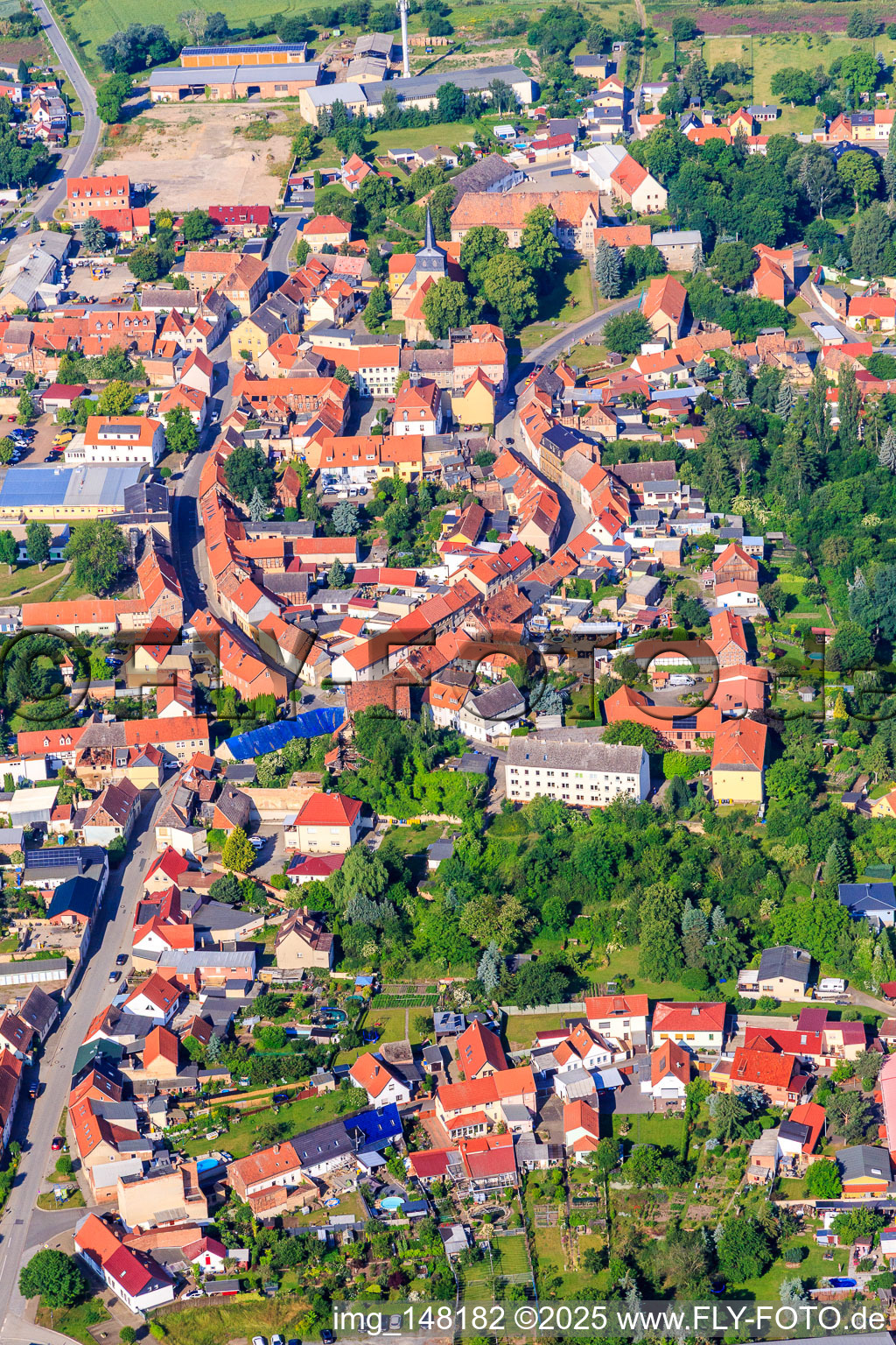 Aerial view of B185, Lange Straße and Siederstr in the district Ermsleben in Falkenstein in the state Saxony-Anhalt, Germany