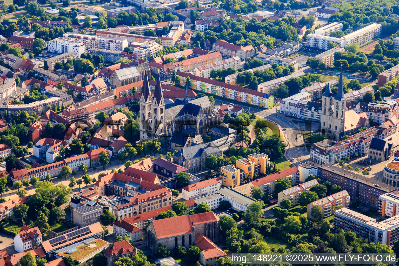 Aerial view of St. Martini Church and Cathedral and Cathedral Treasury Halberstadt in the district Diocese Halberstadt in Halberstadt in the state Saxony-Anhalt, Germany