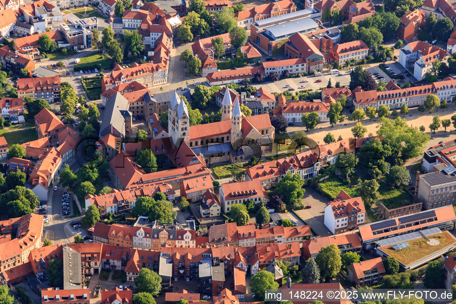 Aerial view of Church of Our Lady (Evangelical Reformed Church) on the Cathedral Square in the district Diocese Halberstadt in Halberstadt in the state Saxony-Anhalt, Germany