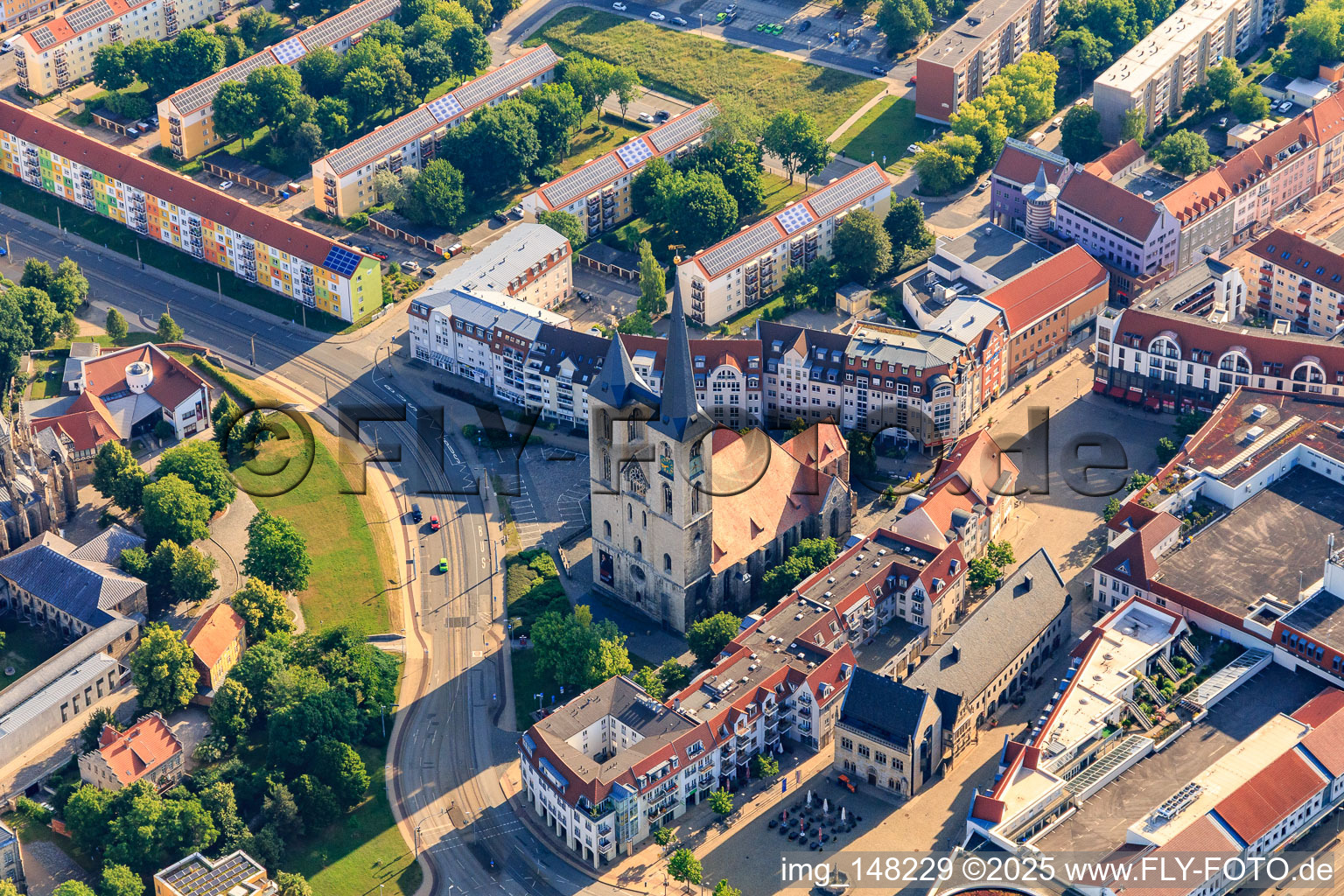 Aerial photograpy of Church of St. Martini on Matiniplan in the district Diocese Halberstadt in Halberstadt in the state Saxony-Anhalt, Germany