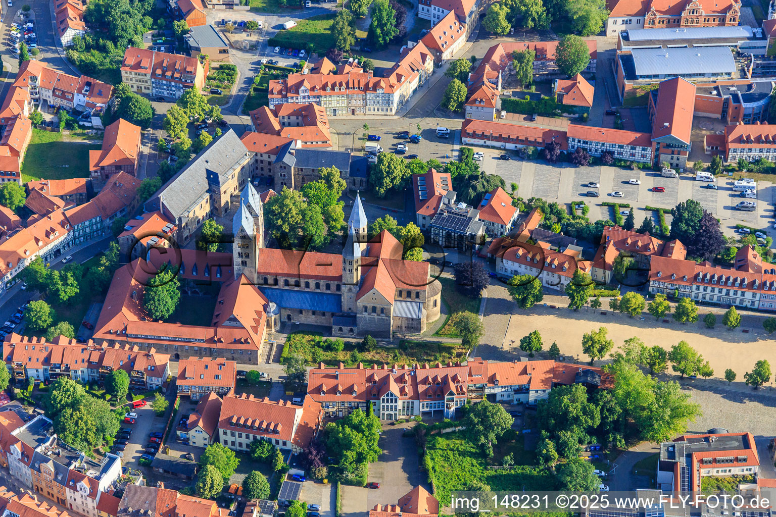 Aerial photograpy of Church of Our Lady (Evangelical Reformed Church) on the Cathedral Square in the district Diocese Halberstadt in Halberstadt in the state Saxony-Anhalt, Germany
