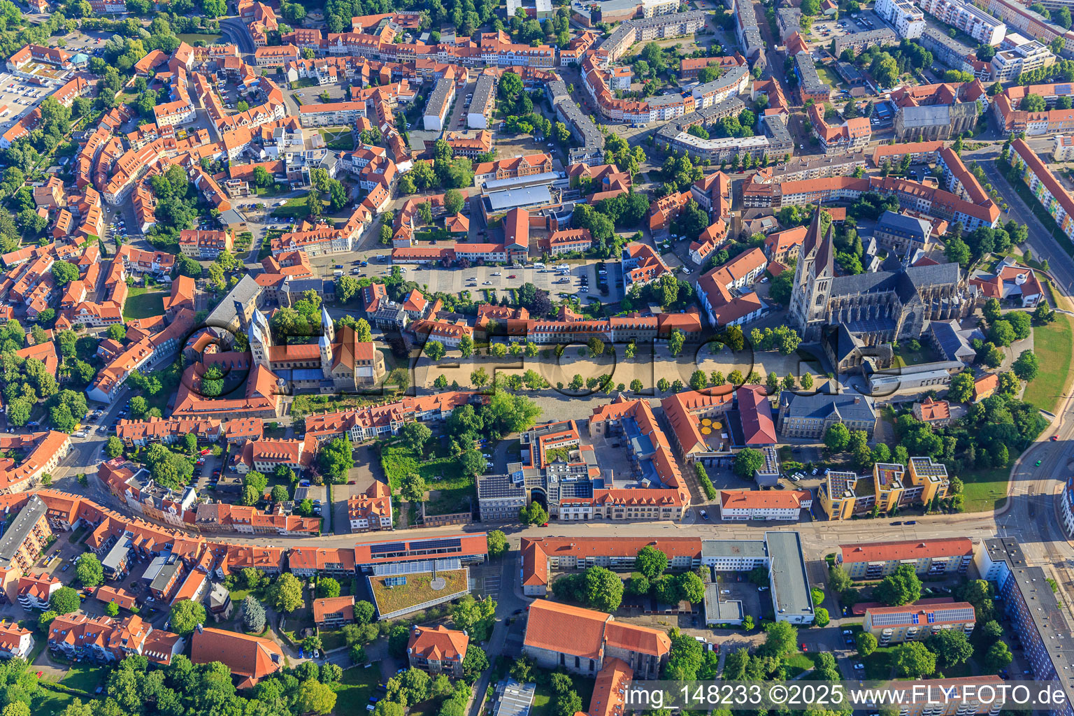 Aerial view of Cathedral Square with Cathedral and Cathedral Treasury Halberstadt and Church of Our Lady (Evangelical Reformed Church) in the district Diocese Halberstadt in Halberstadt in the state Saxony-Anhalt, Germany