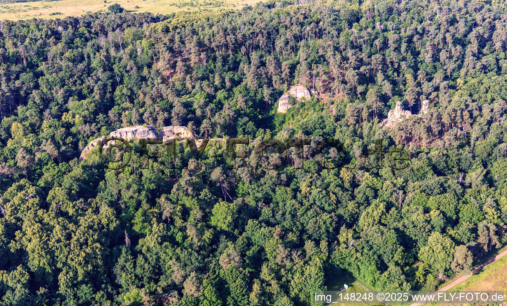 Aerial photograpy of Five-fingered rocks and shadows of the witches, Klusfelsen in Halberstadt in the state Saxony-Anhalt, Germany