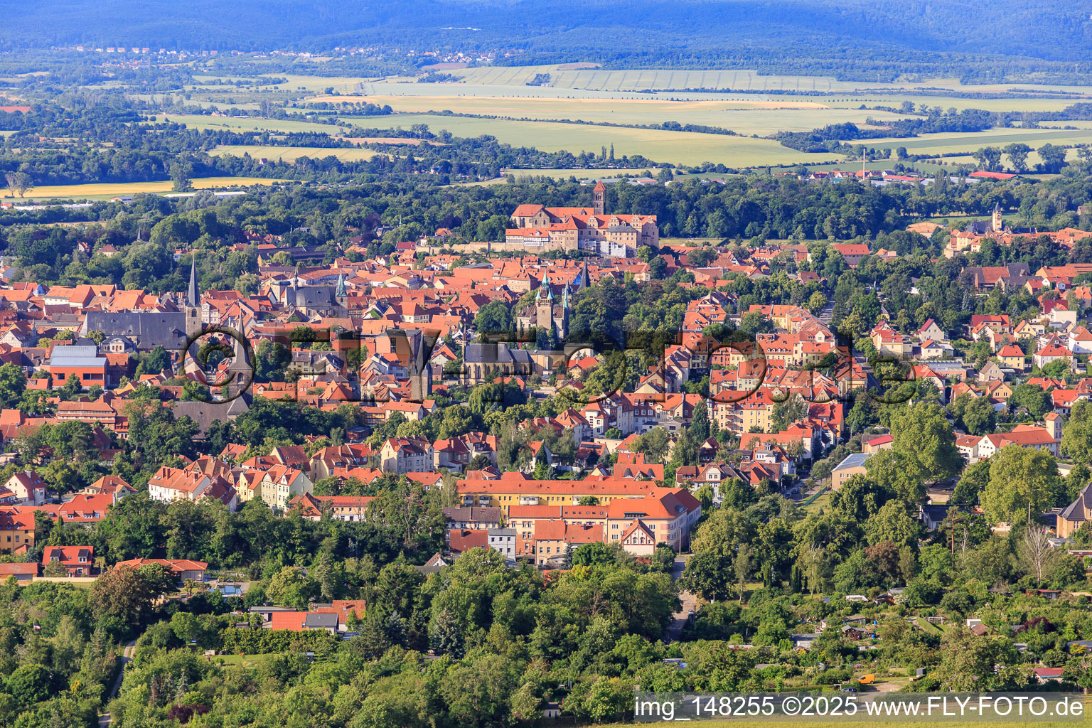 Aerial view of City view from the northeast with the cathedral and collegiate church of St. Servatius in Quedlinburg in the state Saxony-Anhalt, Germany