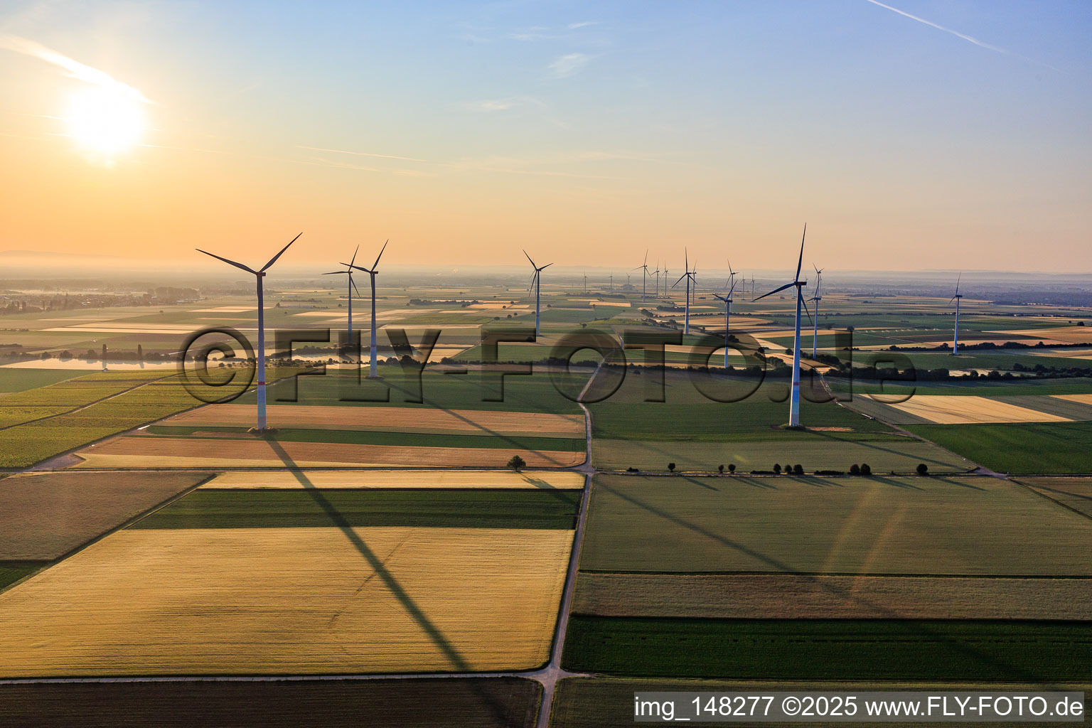 Offenbach wind farm of Pfalzwind from the west in the morning in Offenbach an der Queich in the state Rhineland-Palatinate, Germany