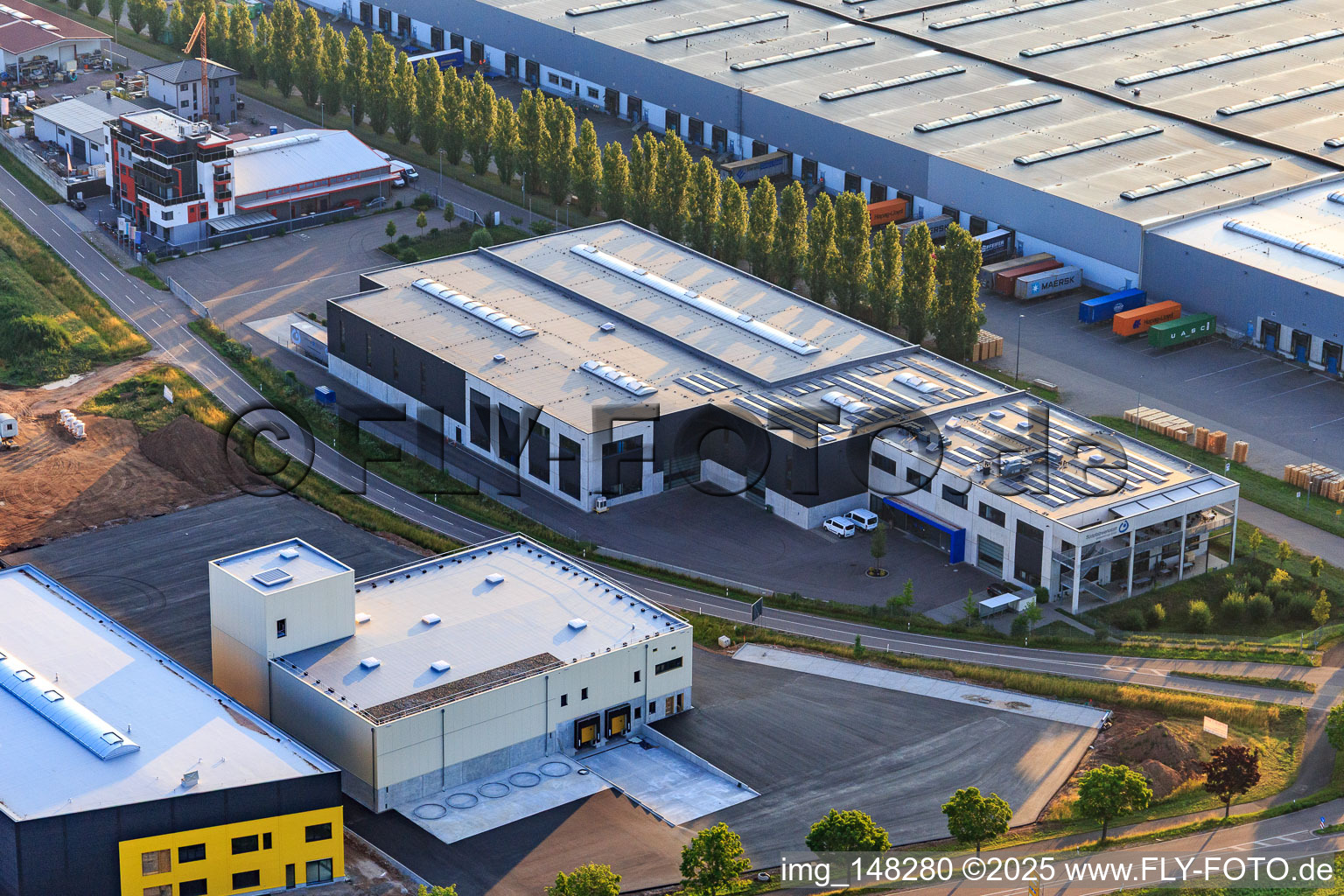 Aerial view of EMUK GmbH Machine Tools, Cornexo GmbH Offenbach and Südpfalzwerkstatt in the Interpark in Offenbach an der Queich in the state Rhineland-Palatinate, Germany