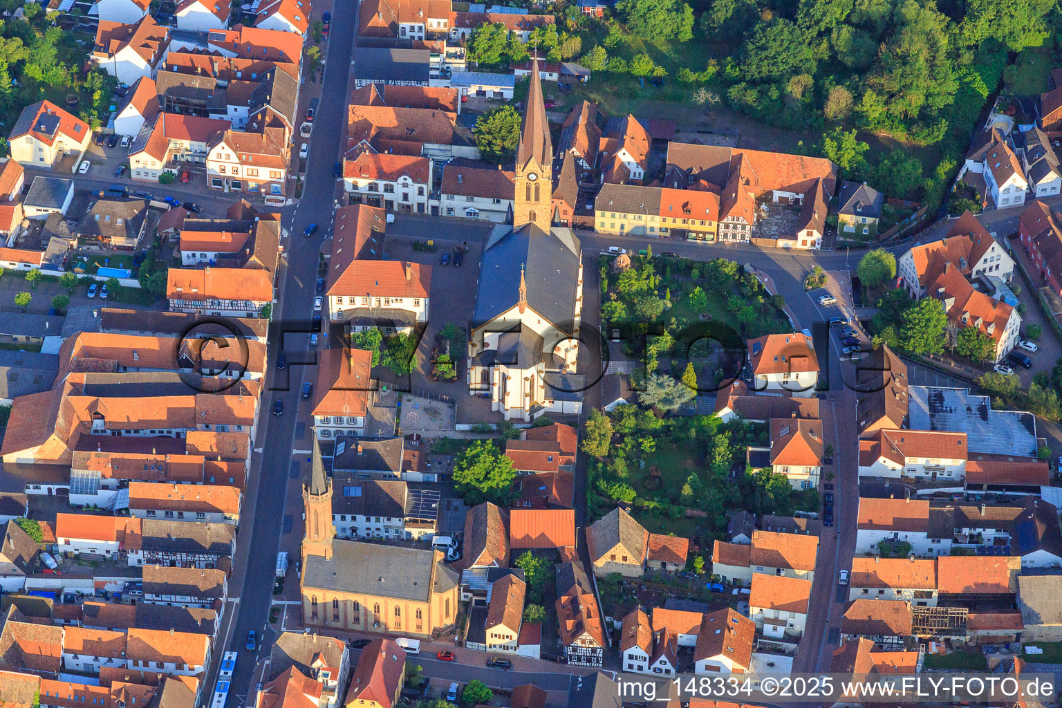 Catholic Church of St. Nicholas and Protestant Church Bellheim on Hauptstr in Bellheim in the state Rhineland-Palatinate, Germany