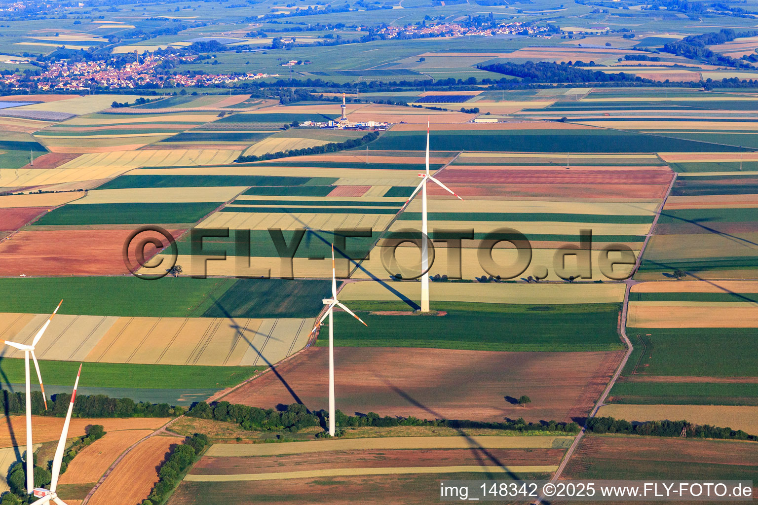 Drone recording of Drilling site of the deep drilling rig V20 of Vercana GmbH for Vulcan Energy at Schleidberg for the extraction of geothermal energy and lithium in Insheim in the state Rhineland-Palatinate, Germany