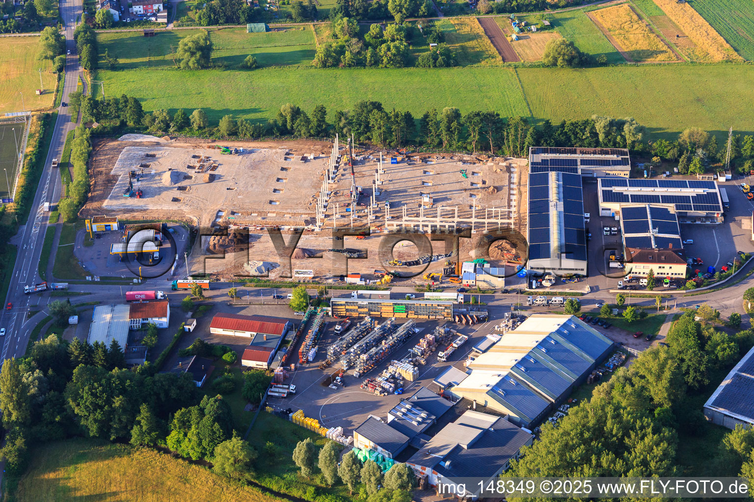 Aerial view of Construction site of the new logistics park of HANSAINVEST and DFI-Real-Estate Kandel after demolition of the OBI market in the district Minderslachen in Kandel in the state Rhineland-Palatinate, Germany